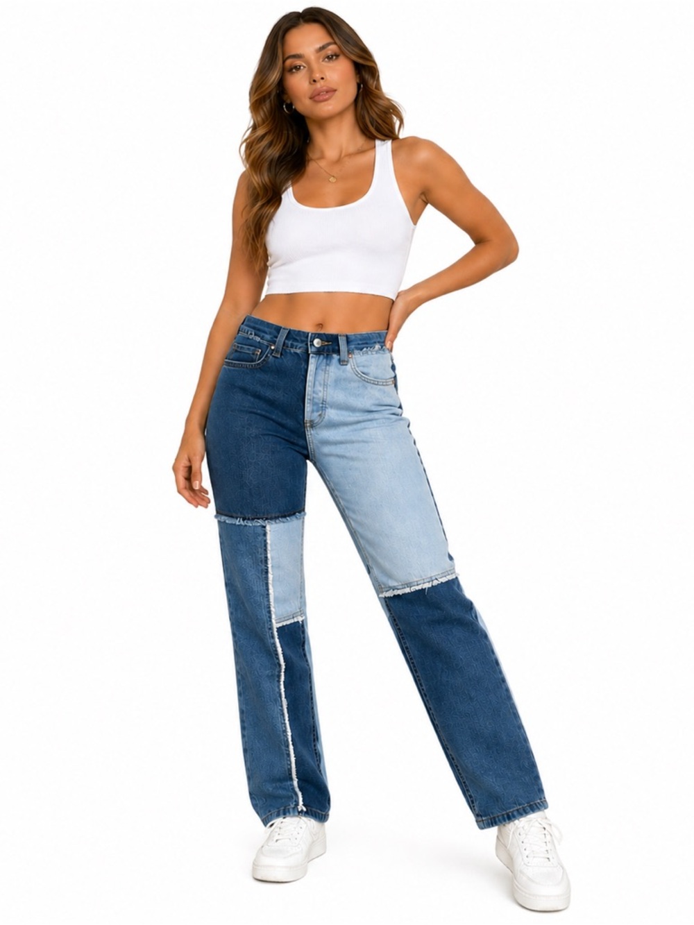 Vintage-Inspired Patchwork Denim Jeans High Rise Straight Leg Colorblock Trend - Picture 3 of 7